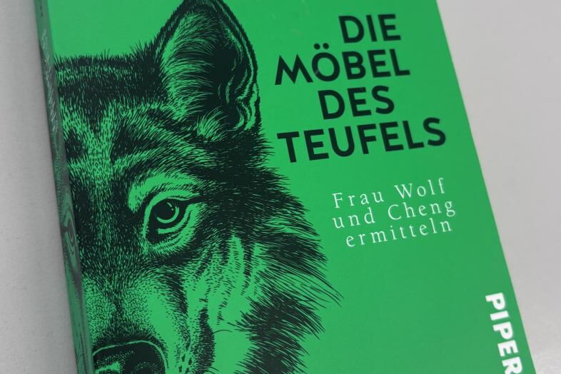 Buchcover „Die Möbel des Teufels“, eine Zeichnung eines Wolfes auf grünem Hintergrund