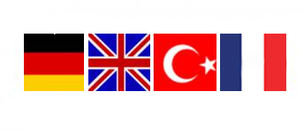 4 Flaggen als Symbol für die Sprachversionen deutsch, englisch, türkisch, französisch