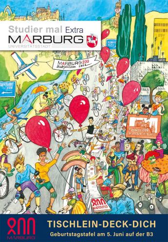 Das Titelbild des Magazins "Studier mal Marburg" zeigt eine bunte Grafik der Aktion Tischlein-deck-dich 