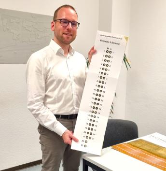 Ein Mann zeigt lächelnd die lange Wahlschablone der  hess. Landtagswahl 2023