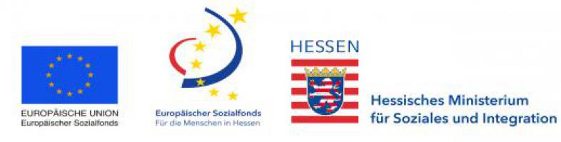 4 Logos: Hessisches Ministerium für Soziales und Integration, Europäischer Sozialfonds in Hesssen, Europäische Union und Kompass Frankfurt