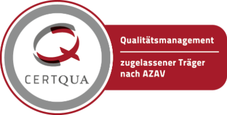 Ein Banner auf dem steht: Zugelassener Träger nach ASAV. Qualitätsmanagement. Certqua.
