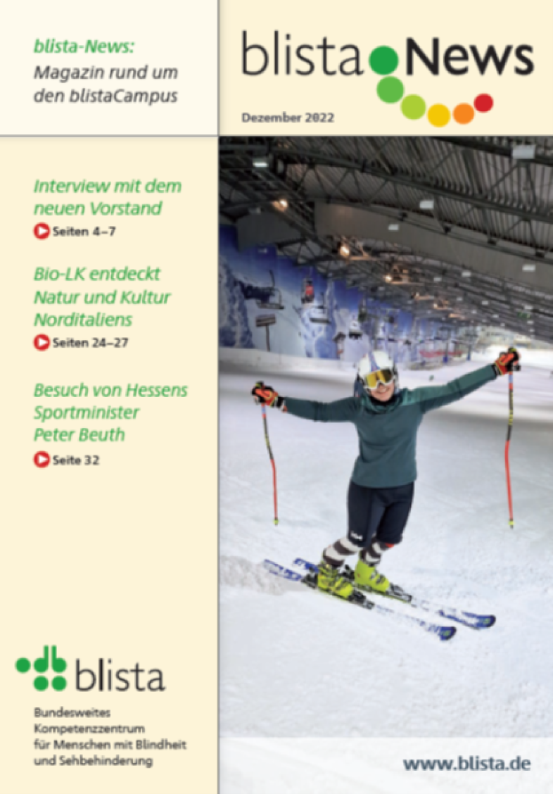 Titelseite der blista-News vom Dezember 2022: eine Skifahrerin auf einer überdachten Skipiste