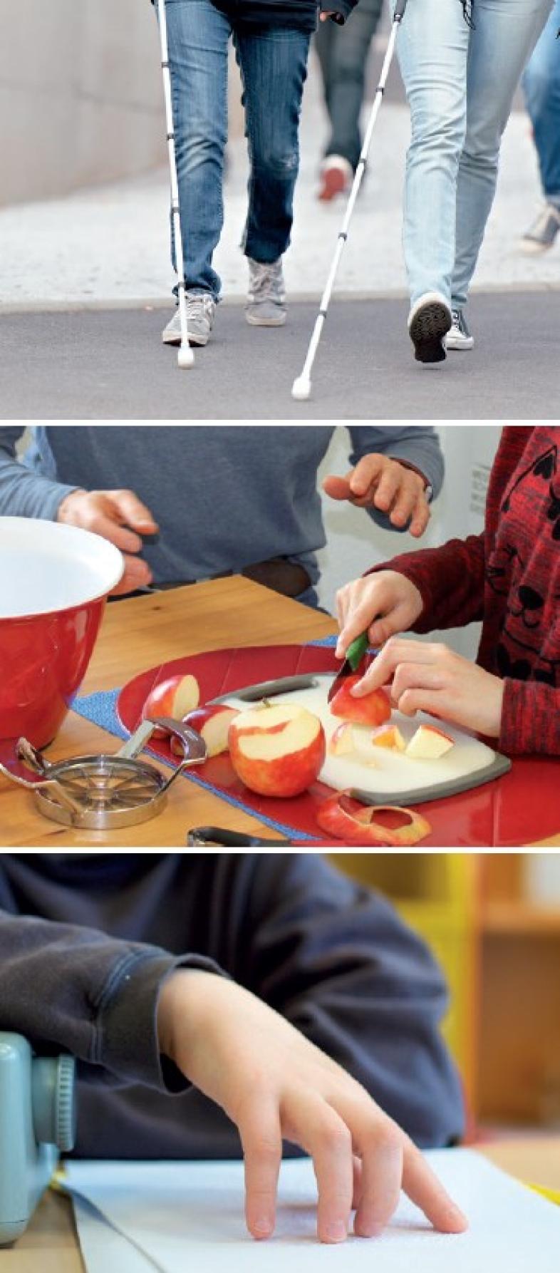 Zwei Beinpaare laufen einen Weg entlang, davor zwei Langstöcke.  Zwei Menschen sitzen an einem Tisch, eine Person schneidet einen Apfel, die andere Person gestikuliert mit den Händen.  Eine Kinderhand liest auf einem bogen Paper Punktschrift.