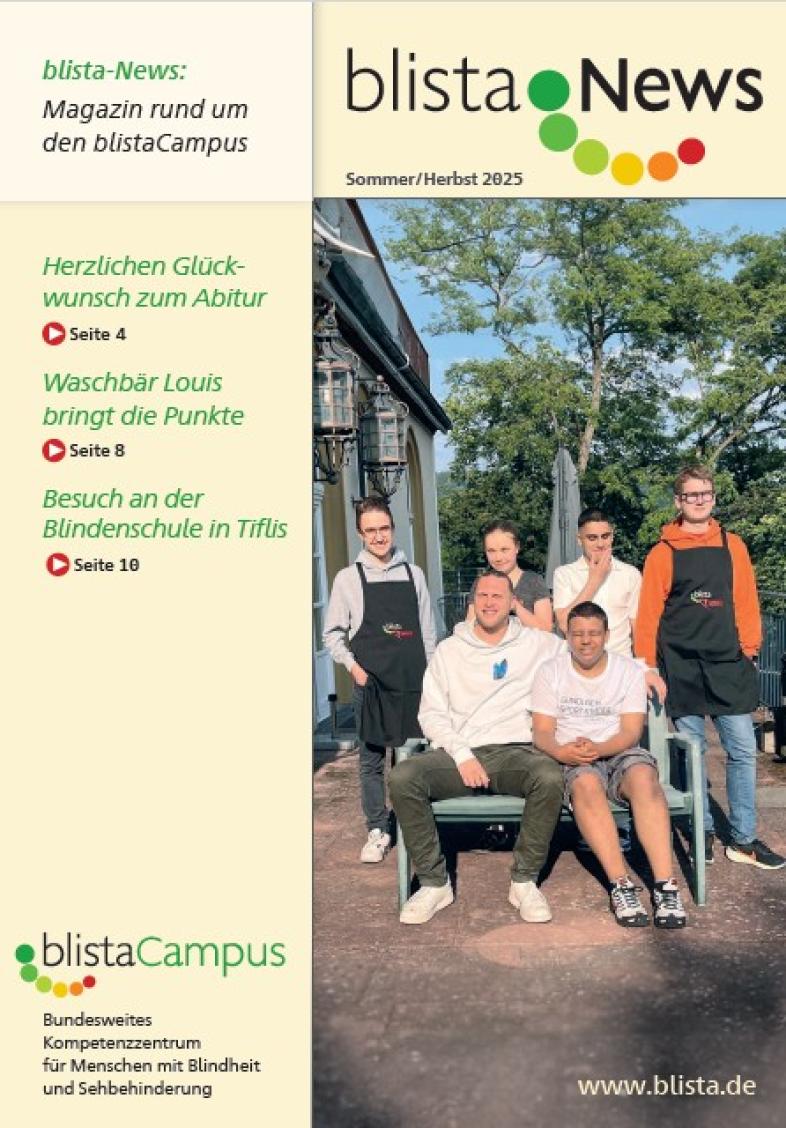 Das Cover der blista-News 2-2025 - mehrere junge Menschen stehen auf  einer Terrasse in der Sonne 