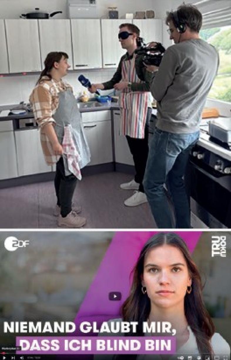 Zwei Ausschnitte aus Filmbeiträgen über die blista, oben spricht eine junge Frau in ein Mikrofon, während sie gefilmt wird. Unten steht unter dem Bild einer Frau „niemand glaubt mir, dass ich blind bin“