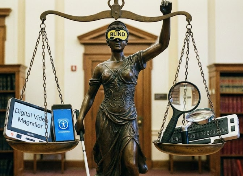 Justitia mit Augenbinde, auf der das Wort "Blind" zu lesen ist. In der rechten Hand hält sie einen Blindenlangstock. Mit ihrem Kopf trägt sie eine Waage. In den Waagschalen liegen Hilfsmittel wie Lupen, Tafelkameras und eine Braillezeile