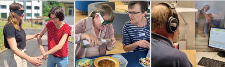 3 Fotos zeigen Szenen vom Sehbehindertentag: Sehende Begleitung, in der Mensa mit Simubrille und Kennenlernen der Hörbücherei