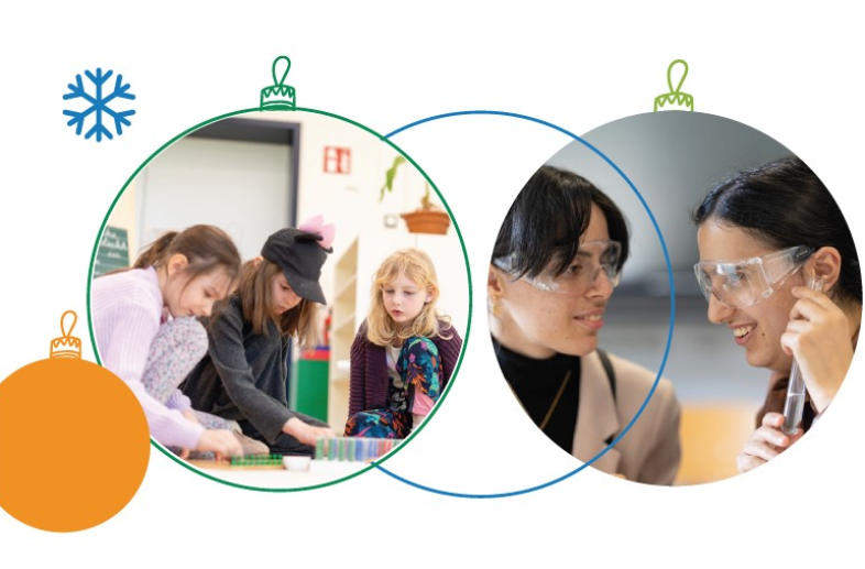 Fotoausschnitte aus Unterrichtsszenen in Christbaumkugelform