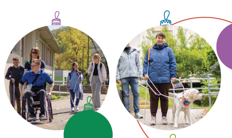 Fotoausschnitte aus Campusszenen in Christbaumkugelform