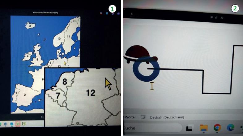 Bild 1: Karte von Europa mit nummerierten Ländern als Gesamtansicht mit zusätzlichem Zoombereich Bild 2: Übung zum Verfolgen von Linien am Bildschirm 