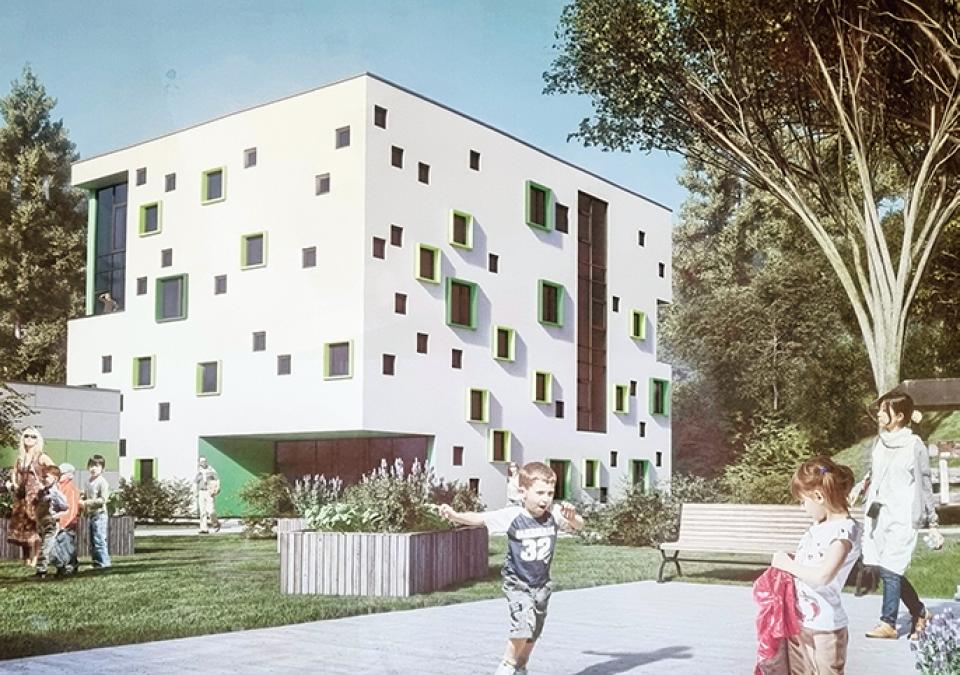 Bild 3 von 12: Eine Simulationsgrafik bettet das geplante helle Schulgebäude mit seinen vier Stockwerken in den künftigen Standort auf dem blistaCampus ein. Im Vordergrund spielen  Schüler*innen.