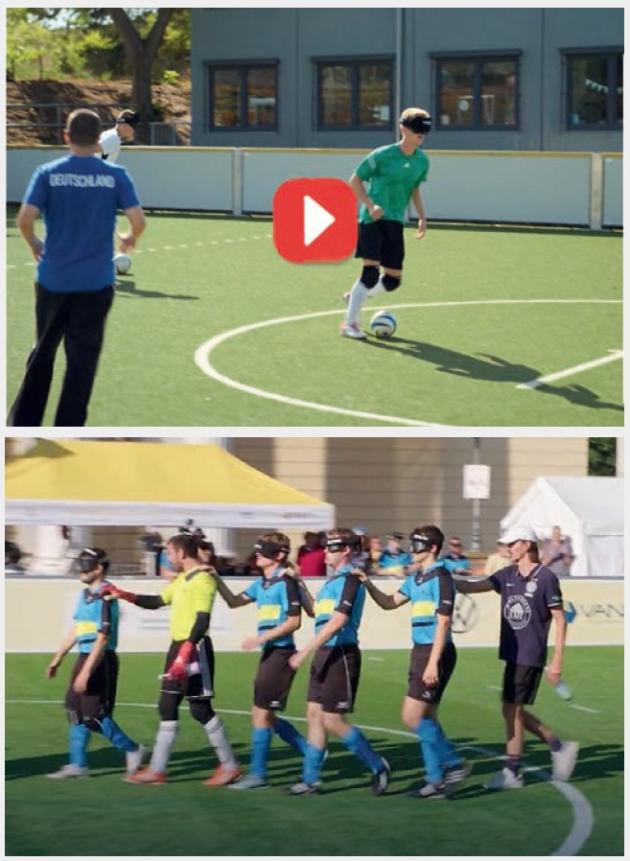 Ausschnitte aus der Sachgeschichte der Sendung mit der Maus, oben sieht man zwei Blindenfußballer im Spiel, unten läuft die Mannschaft auf den Platz